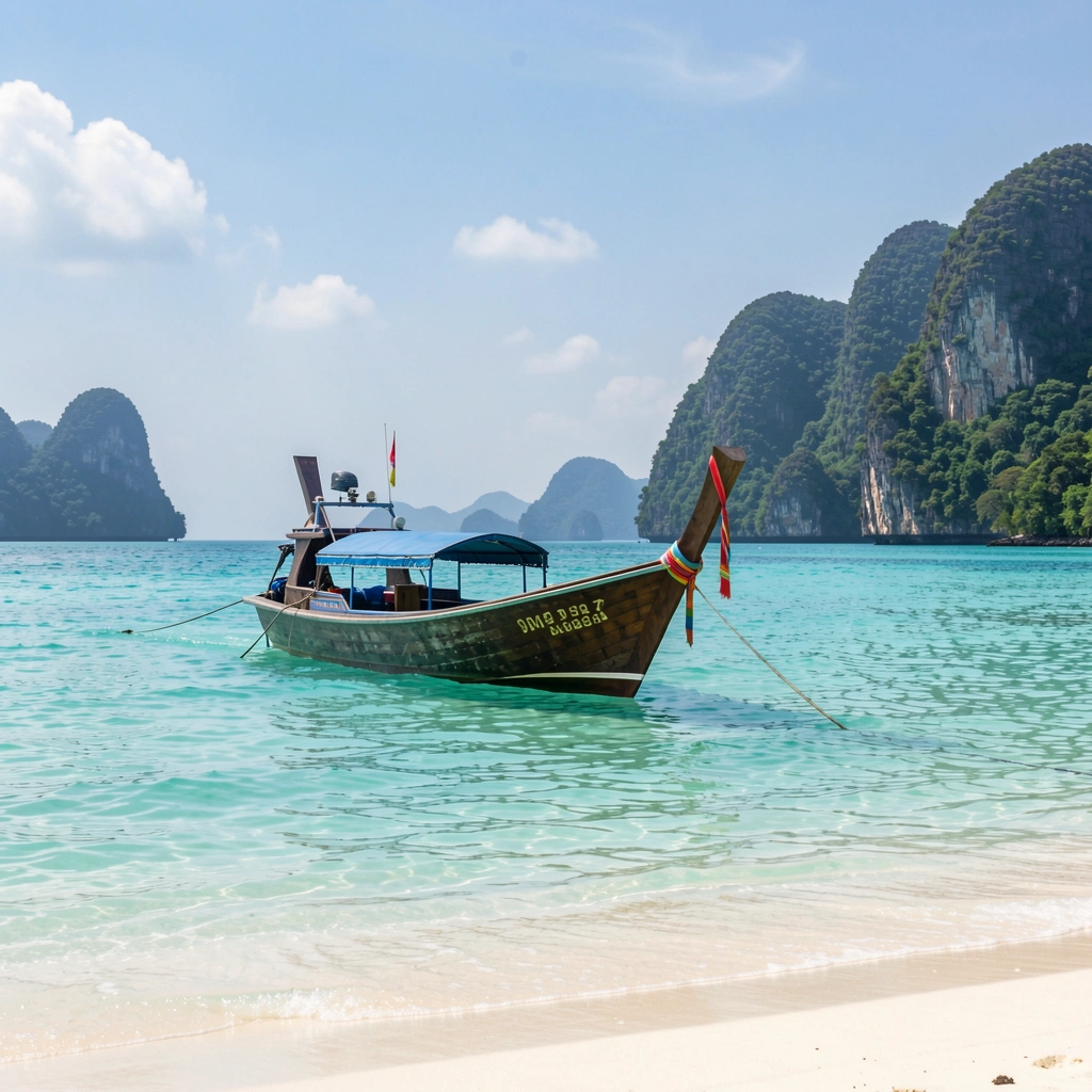 Longtail boat on turquoise water at a Thai island beach